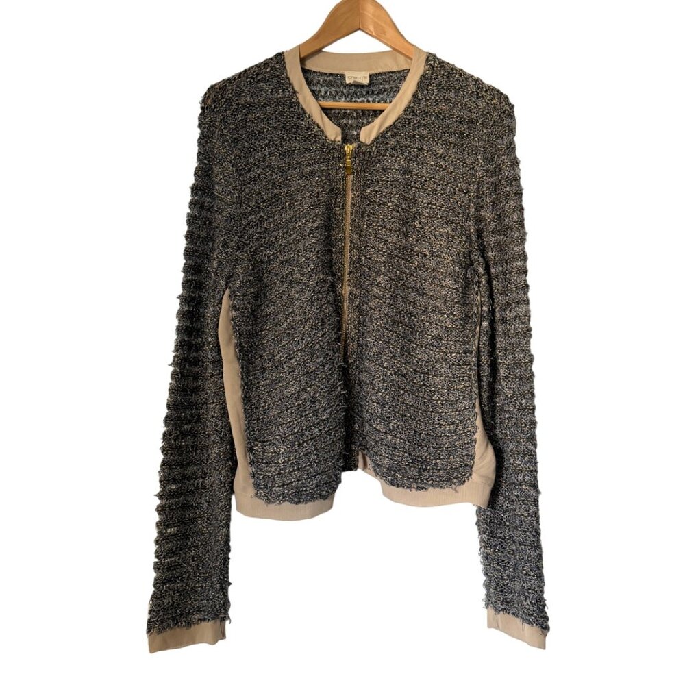 Chico's Ryann O Cardigan Sweater Jacket Zip Up Shine Fringe Knit, Size 2/US L